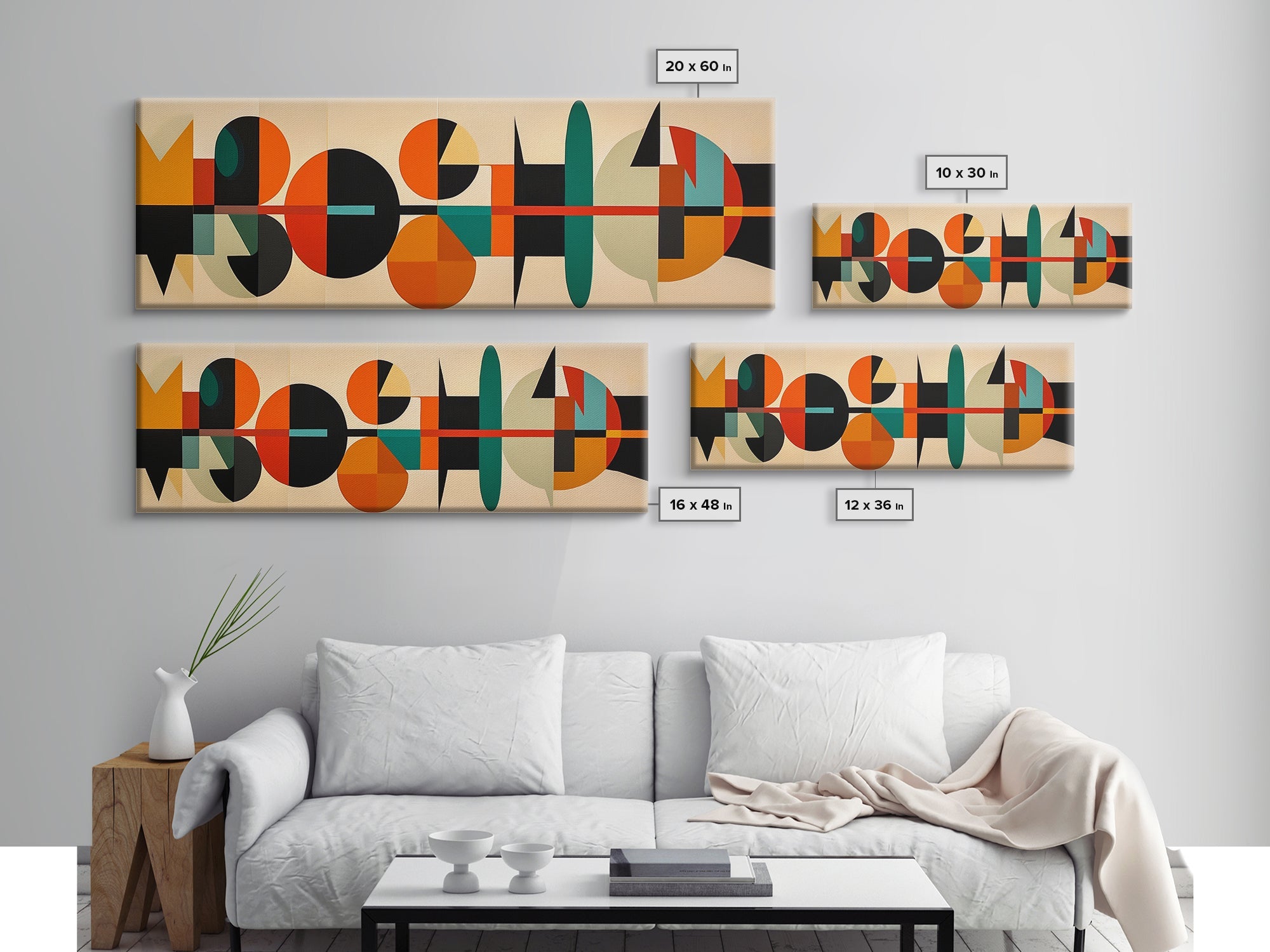 Mid-Century Modern Abstract Geometric Pattern Wall Art, Canvas Print, Wide Panoramic Wall Art For Living Room