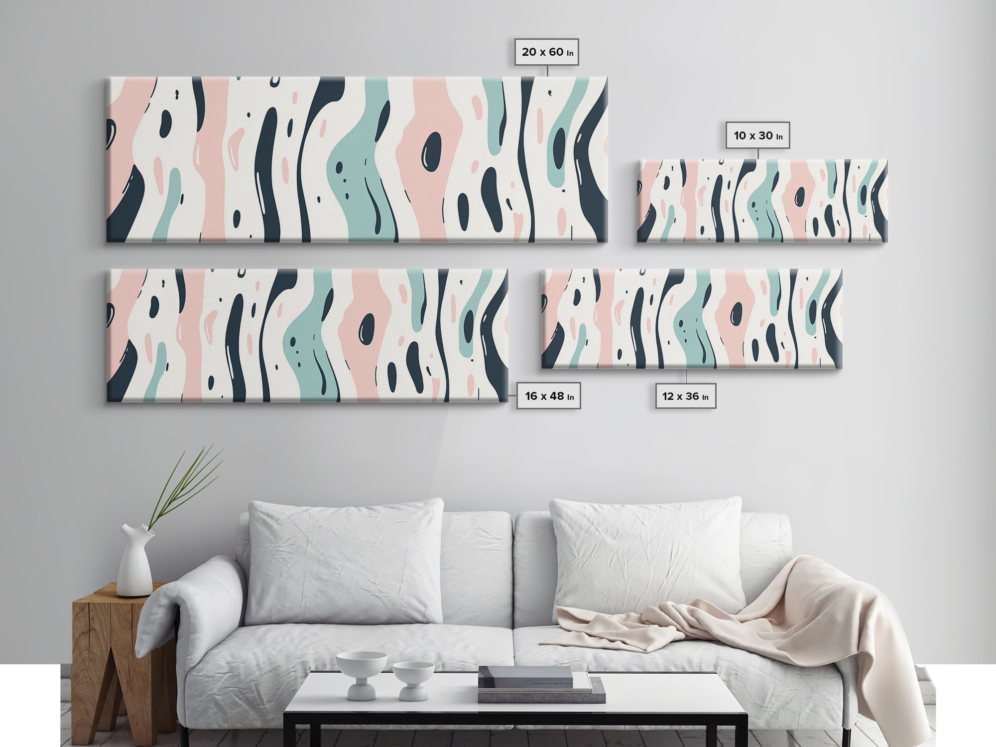 Retro Pink and Turquoise Animal Print Abstract Art, Framed Canvas Print, Wood Framed Extra Large Panoramic Art, 20x60 Art, 24x72 Art