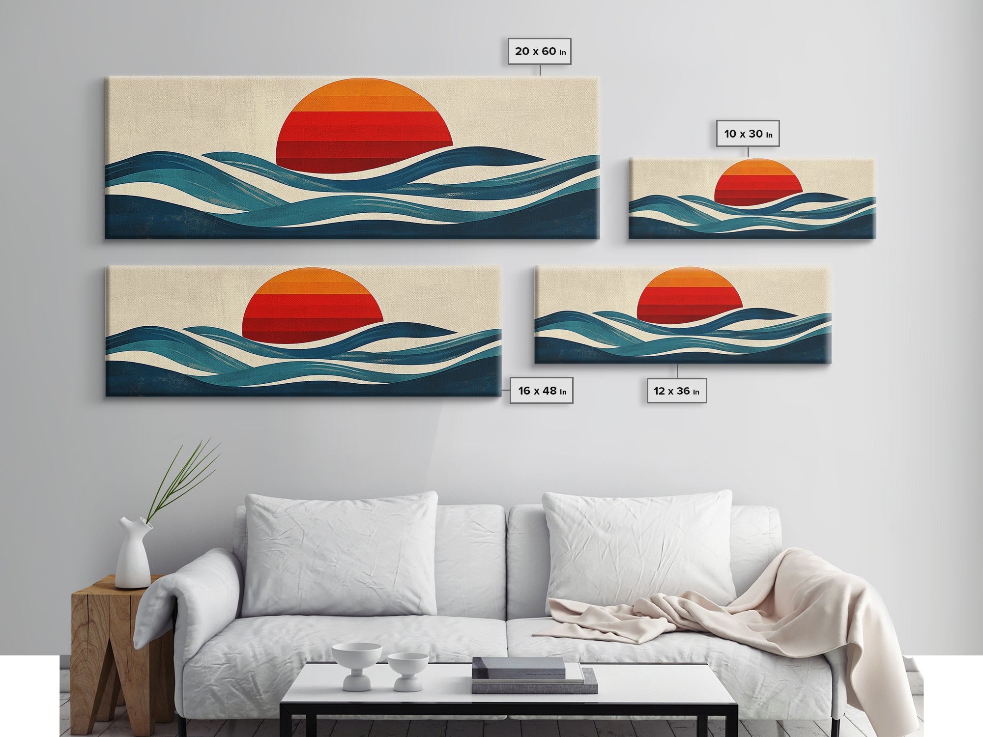 Retro Art Deco Sunset over The Ocean, Framed Canvas Print, Vector Image Style Artwork, Wood Frame, Boho / Eclectic Home Decor, Minimalist Decor