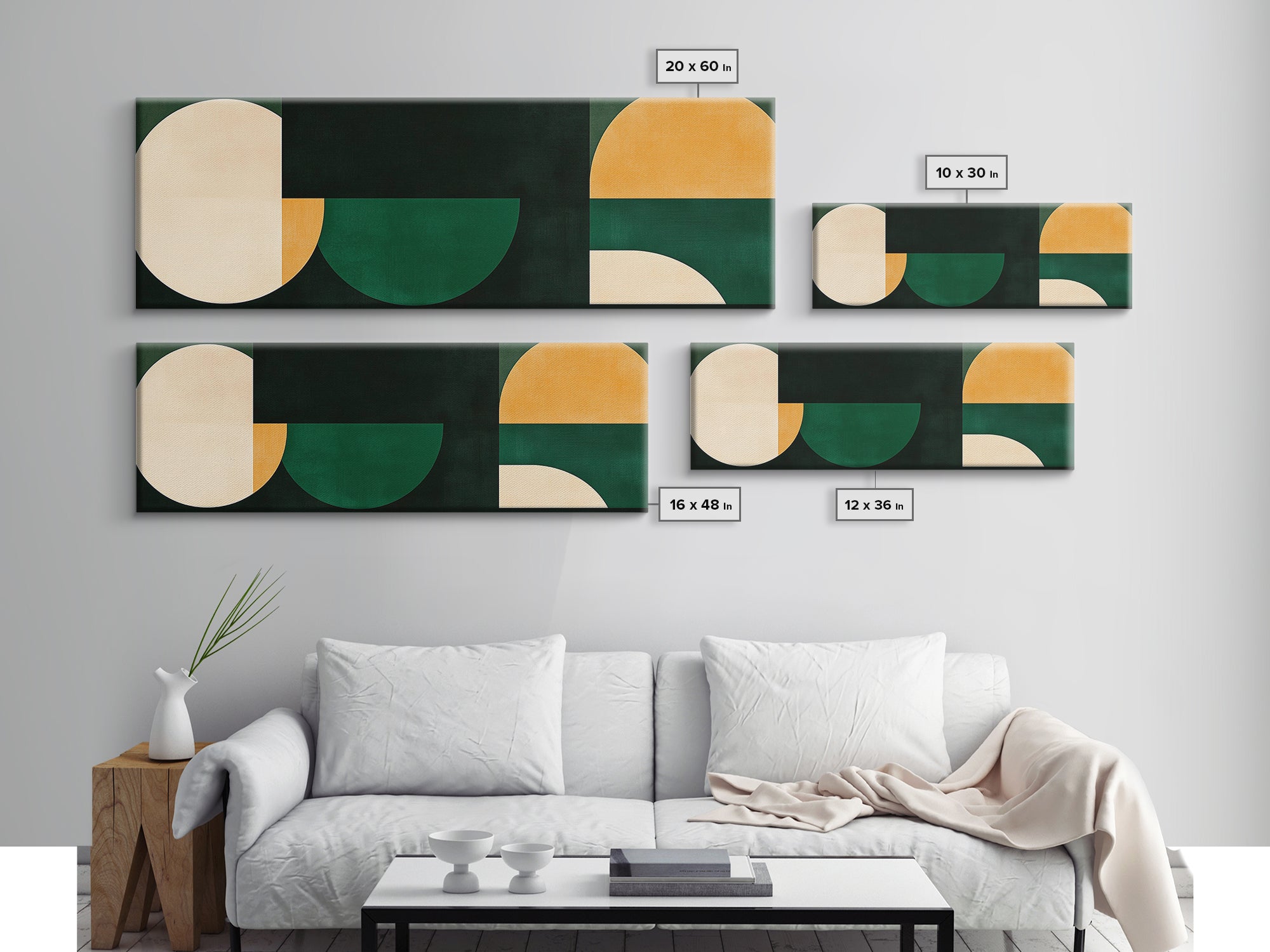 Squares and Circles, Geometric Pattern MCM Wall Art, Panoramic Framed Canvas Print, Wide and Narrow Art, Above Sofa living Room Wall Art