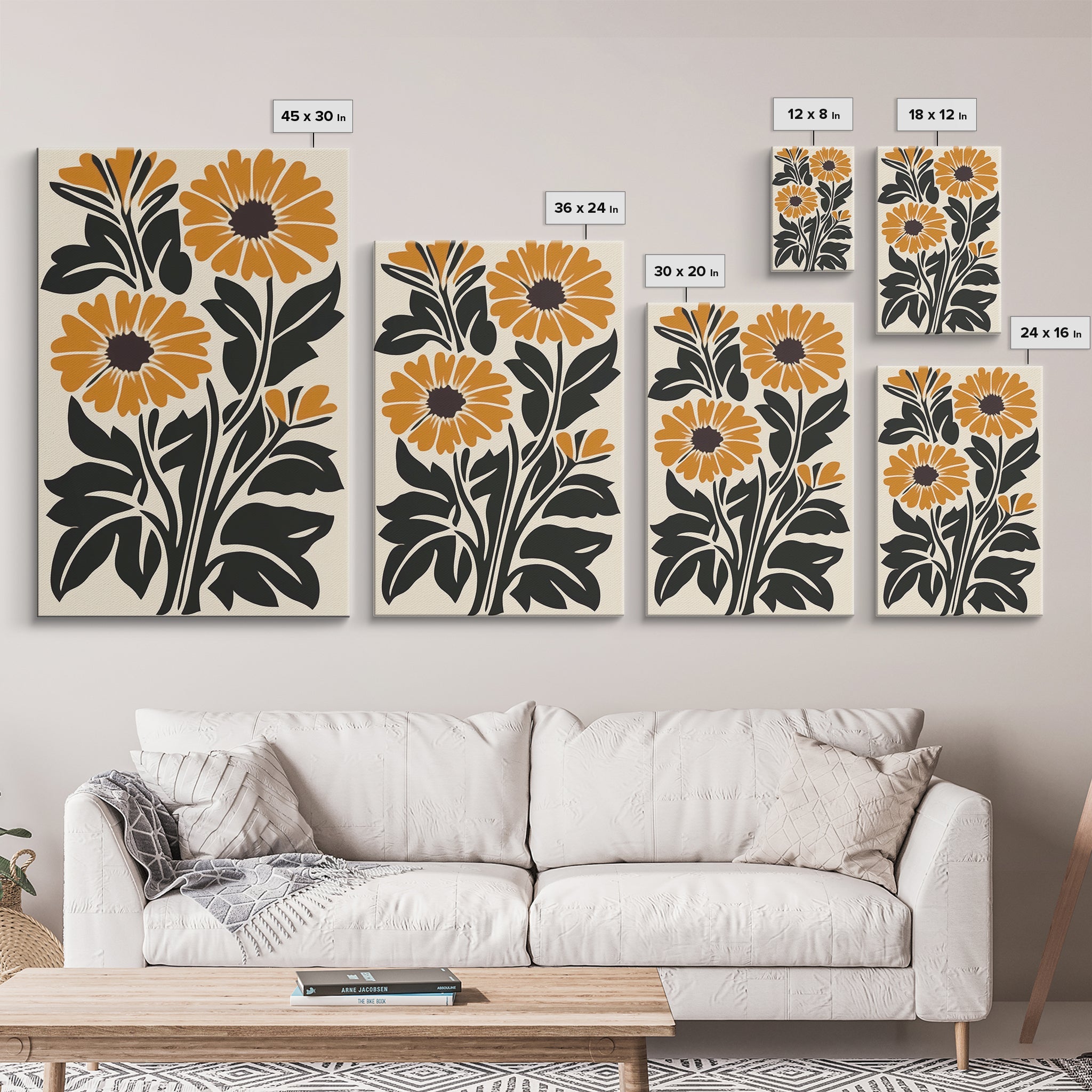 Midcentury Modern Boho Flowers Bouqet Wall Art Canvas Print, MCM Wall Art, Retro Style Abstract Art, Orange Flowers on White Background