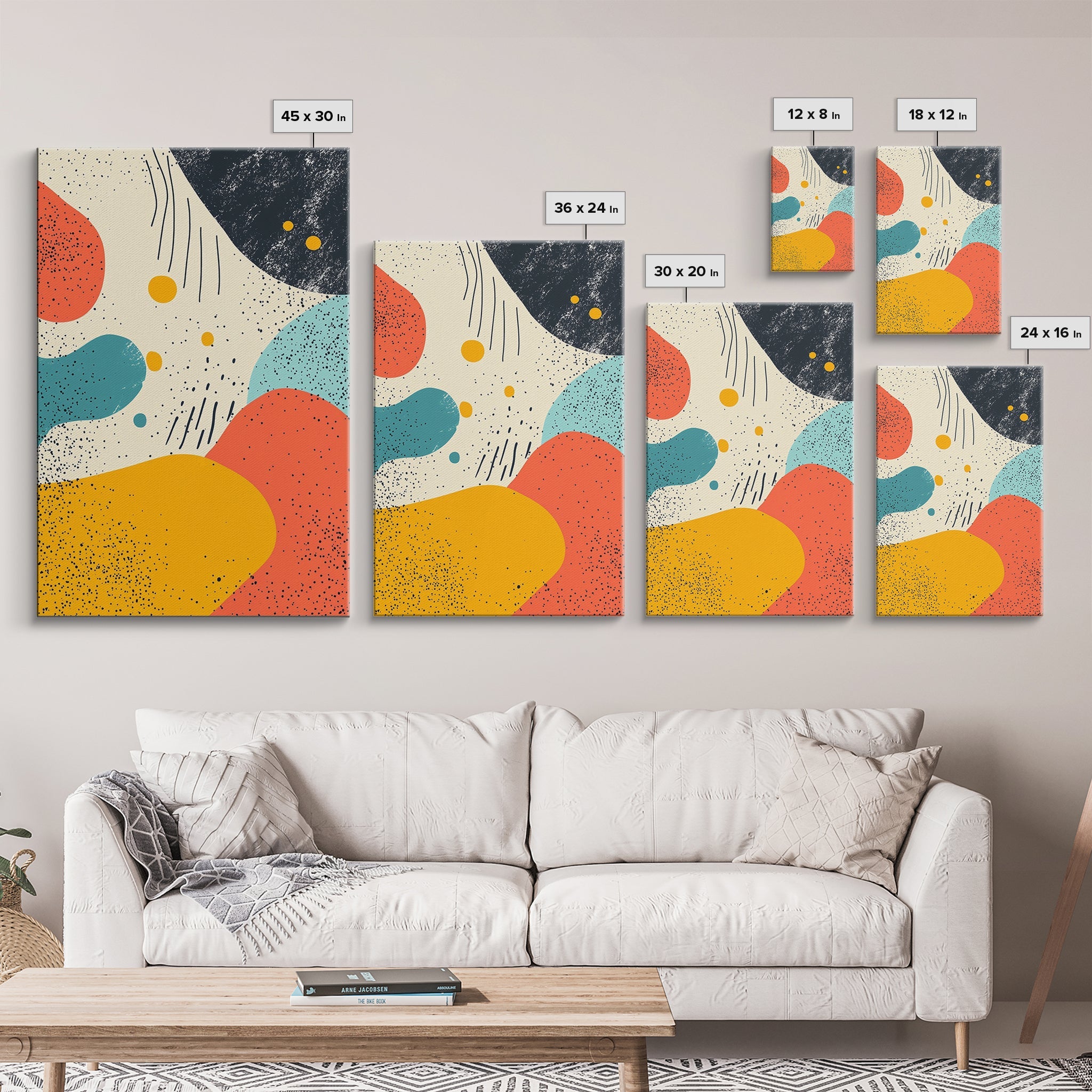 Framed Canvas Print, Retro 90s Style Wall Art, Orange, Turquoise and White Art, Modern Wall Art, Mid-Century Art