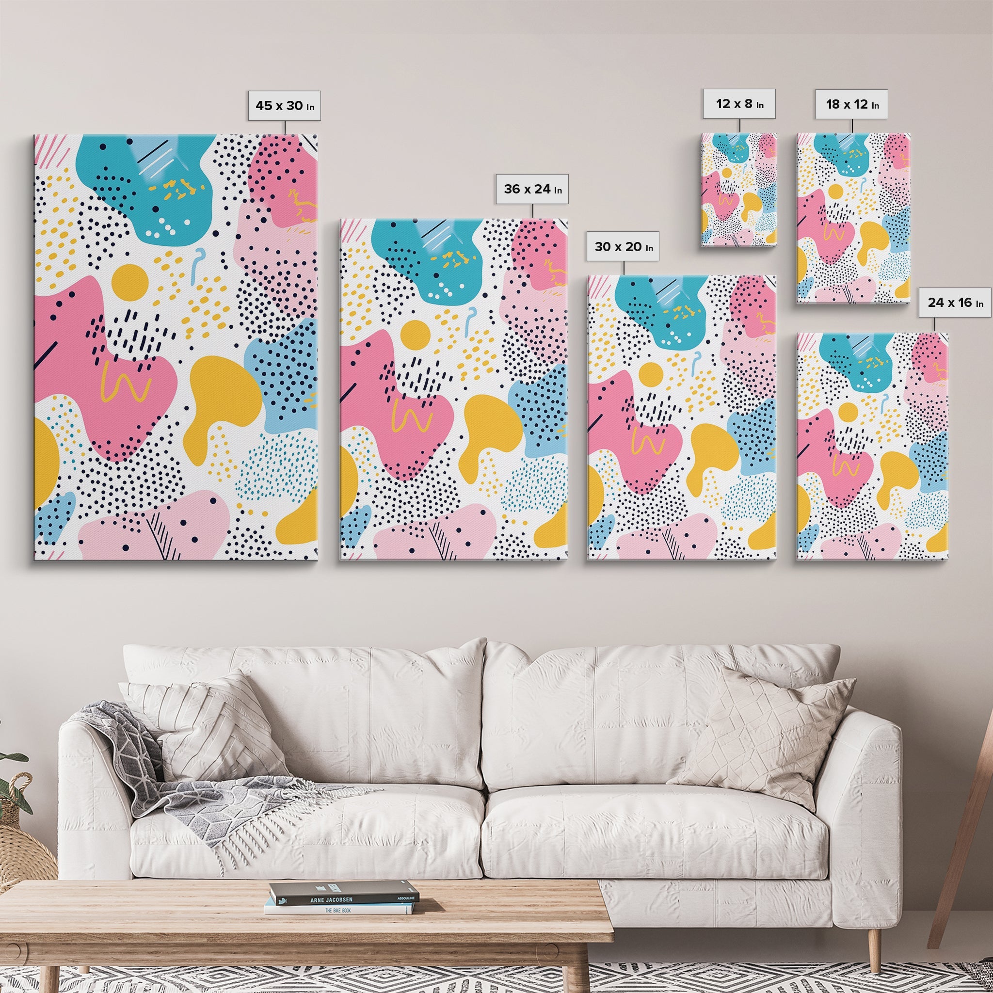 Retro 90s Style Wall Art, Framed Canvas Print, Abstract Shapes and Dots
