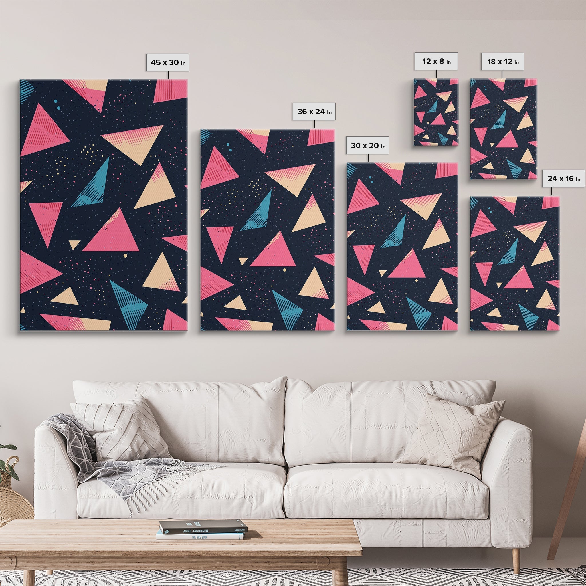 Retro 90s Style Wall Art Framed Canvas Print, Synthwave Abstract Triangles