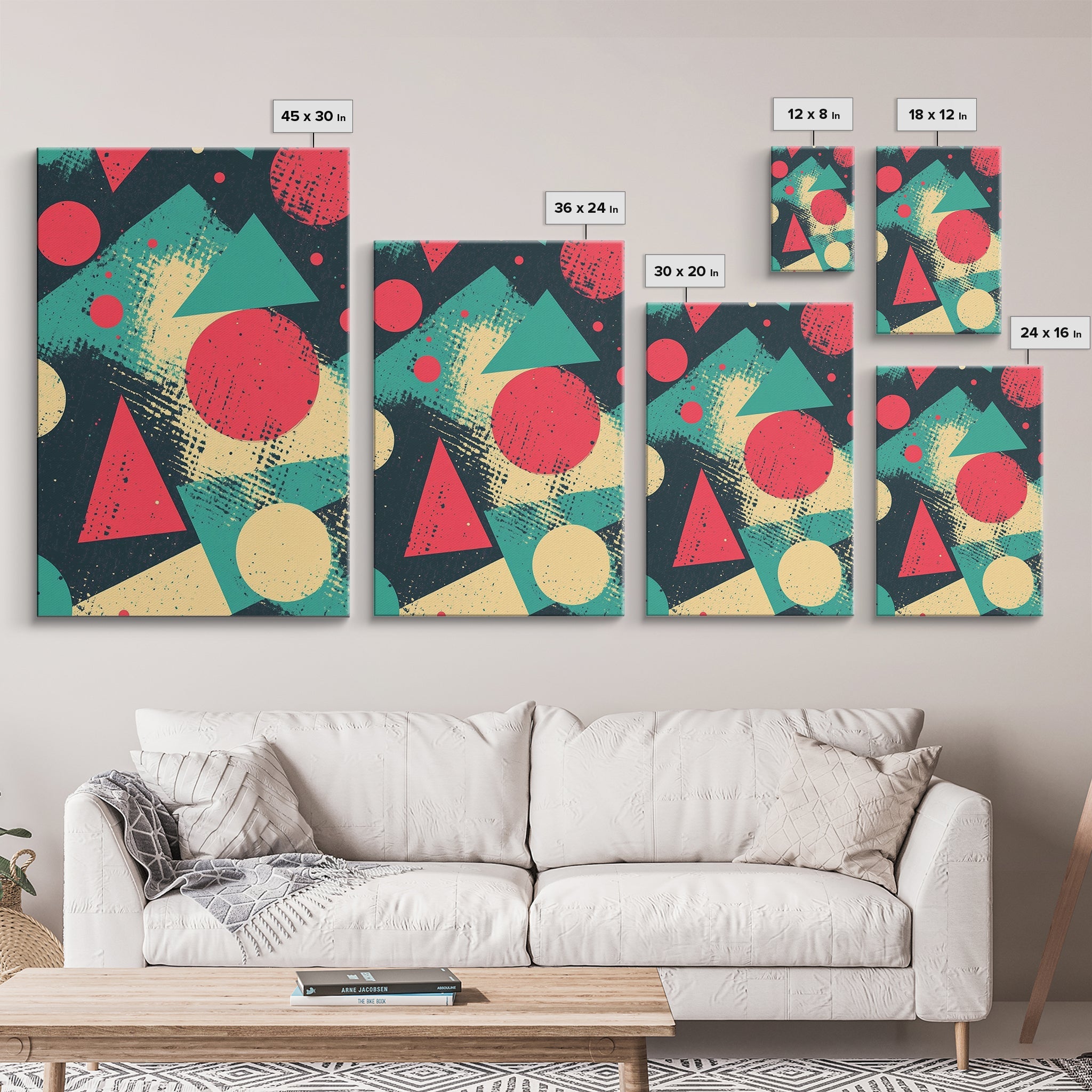 Circles And Triangles, Canvas Print, Retro Abstract Art, Midcentury Modern Style Home Decor, Turquoise Red and Black Wall Art