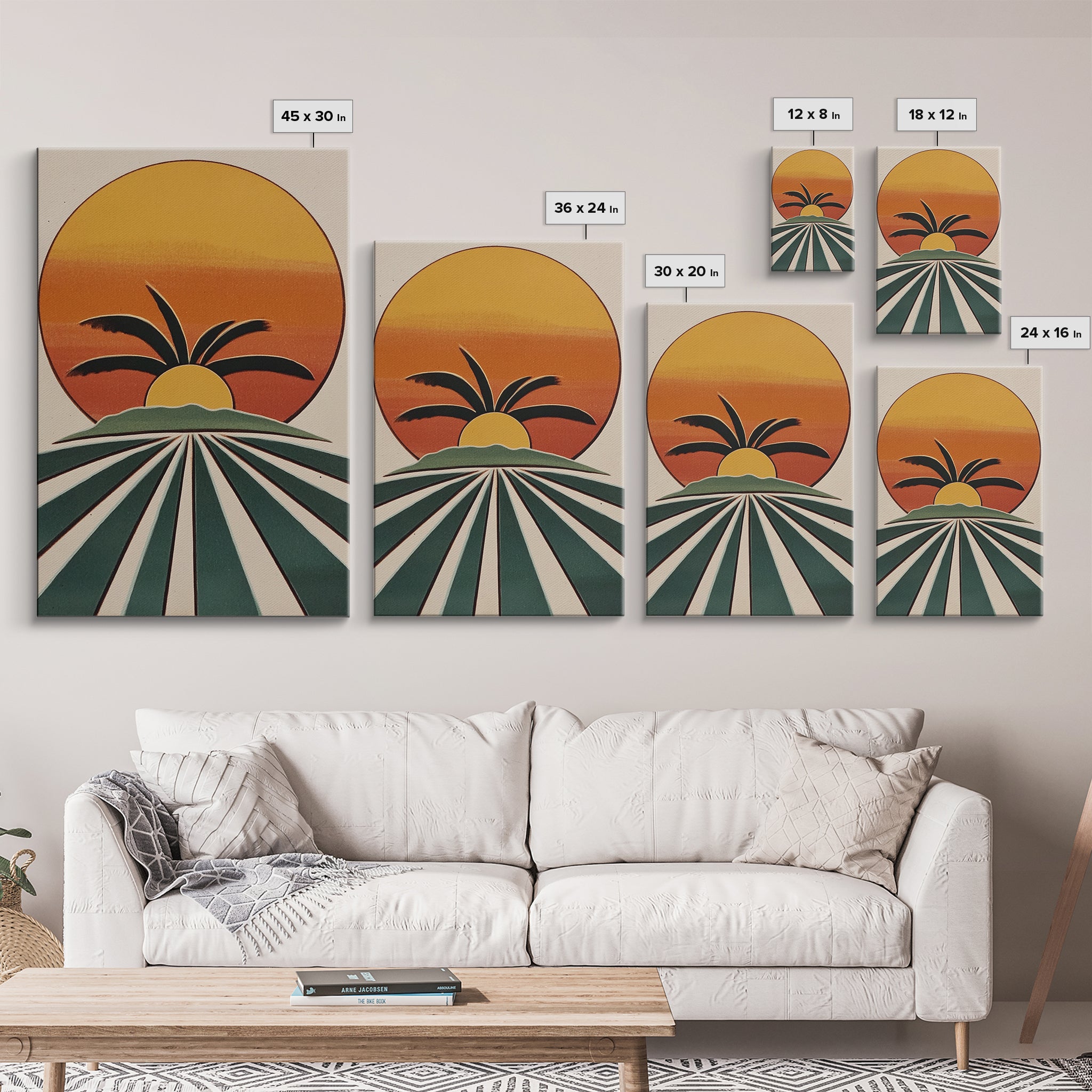 Palm Tree Sunset, Wood Framed Wall Art, Canvas Print, Boho Home Decor, Retro Style Modern Art