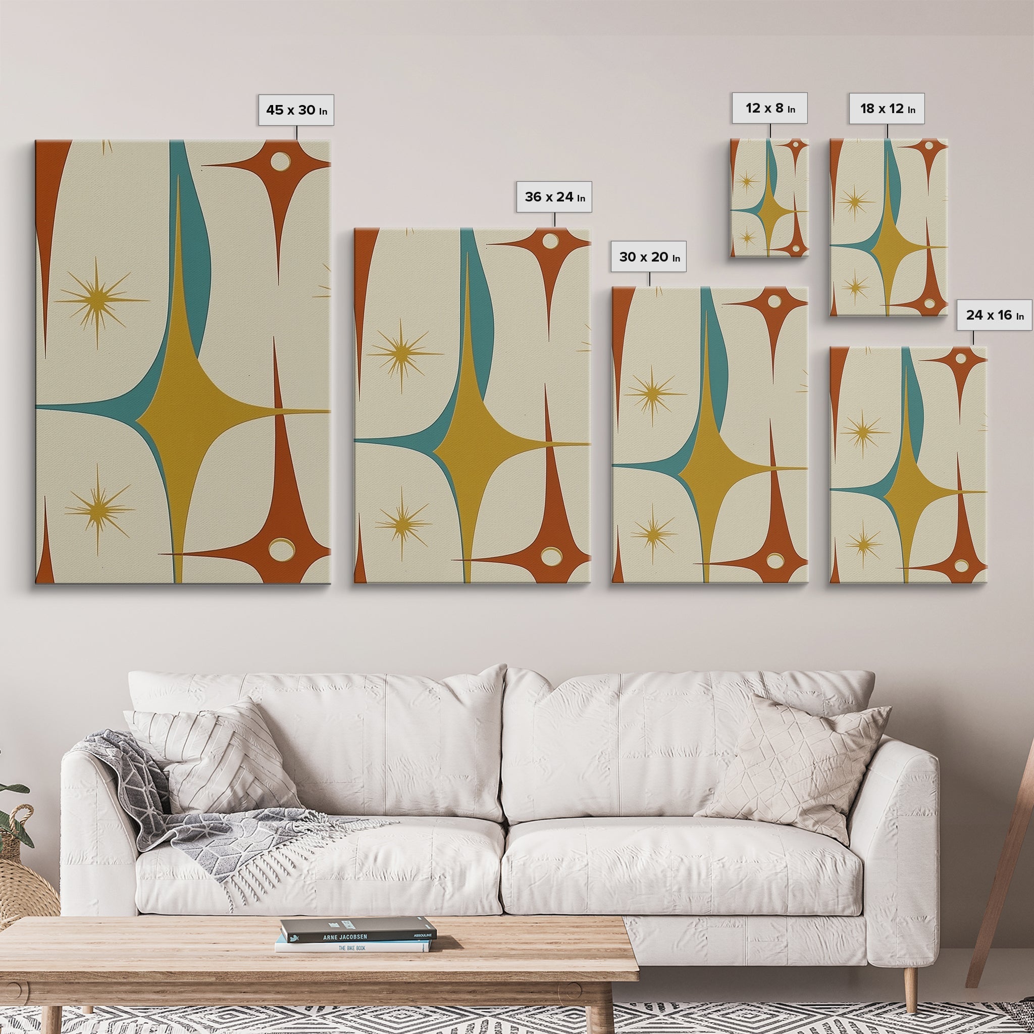 1950s Style Retro Starburst, Pastel Colors, Canvas Print, MCM Wall Art Home Decor