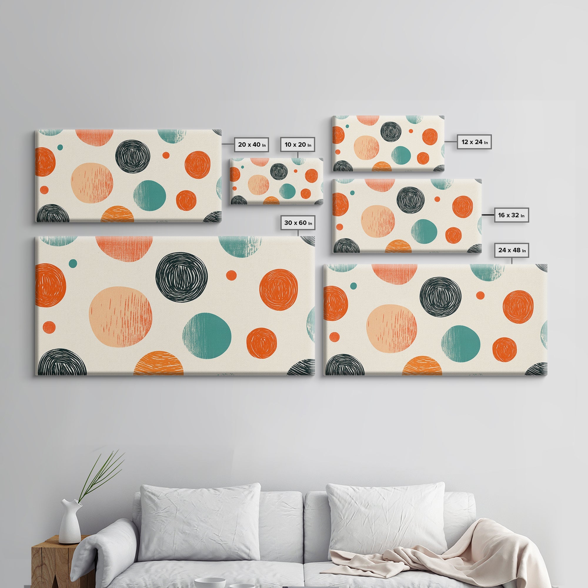 Mid-Century Modern Dots Framed Canvas Print, Preppy Home Decor, Retro 90s Style Wall Art