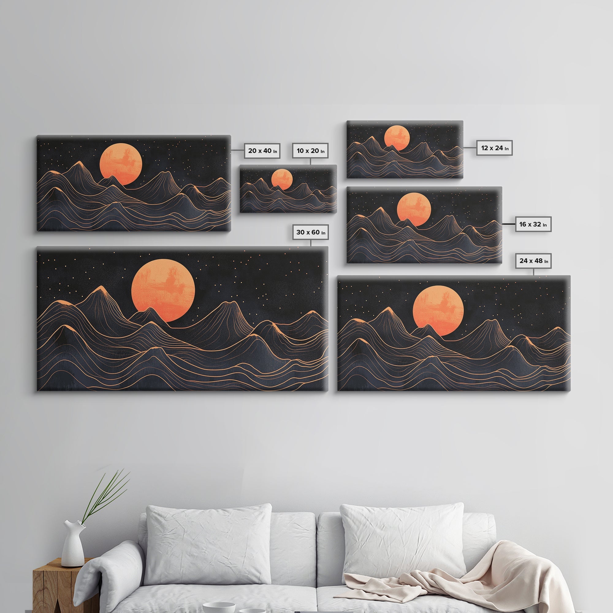 Art Deco Style Abstract Art, Orange Blood Moon Over Mountain Landscape, Retro Home Decor