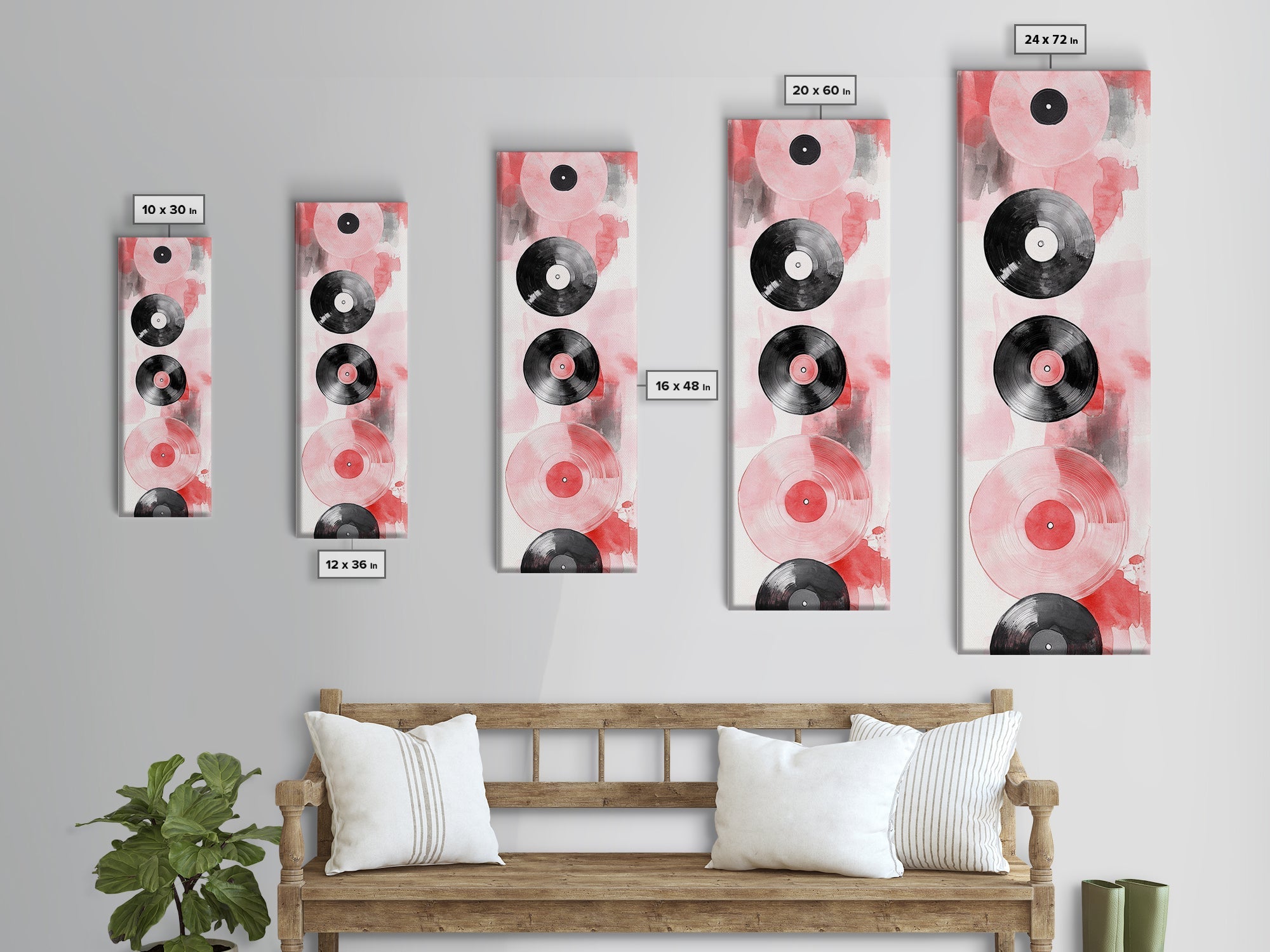 Abstract Vinyl Records Canvas Print, Retro Music Lover Wall Art, Light Pink Minimalist Art, Vertical Skinny Living Room Decor