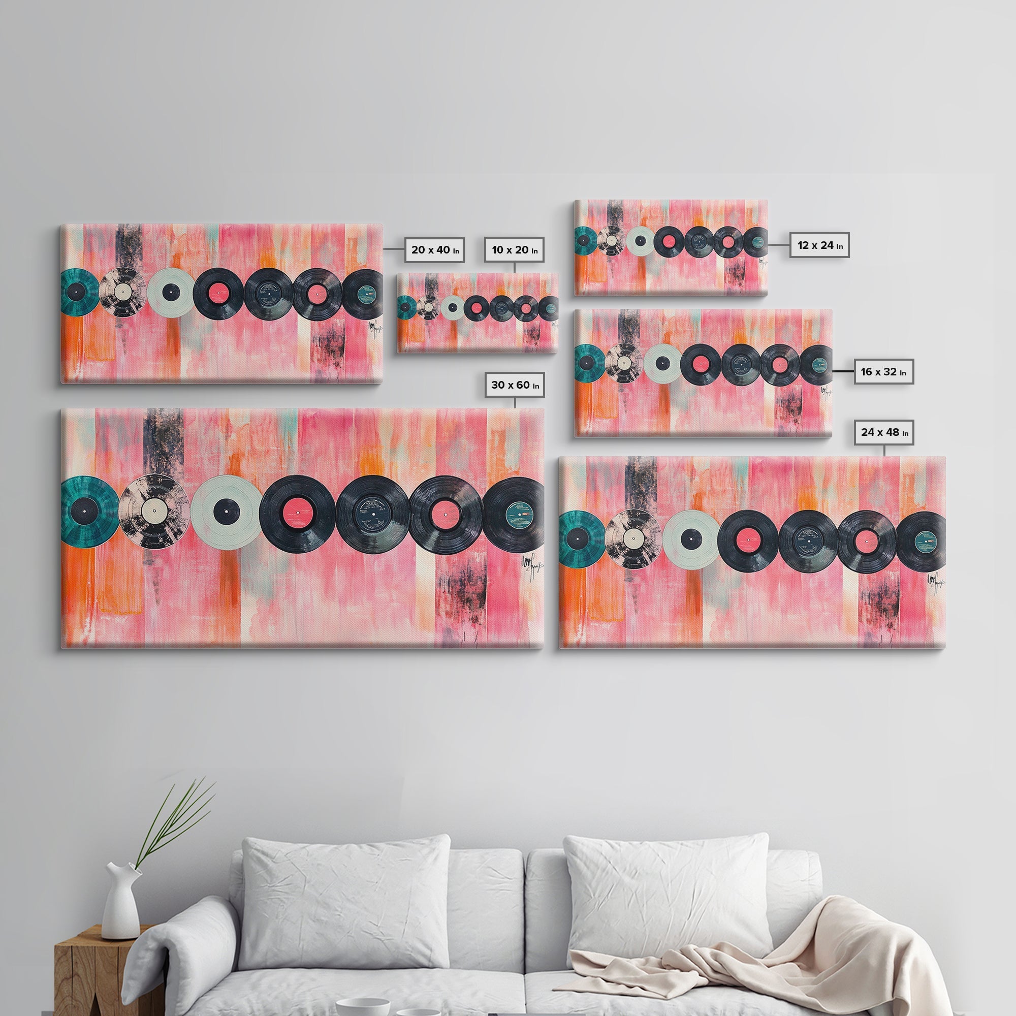 Vinyl Record Wall Art Framed Canvas Print, Pink Orange Abstract Music Art, Retro Living Room Art Minimalist Gift Idea Her
