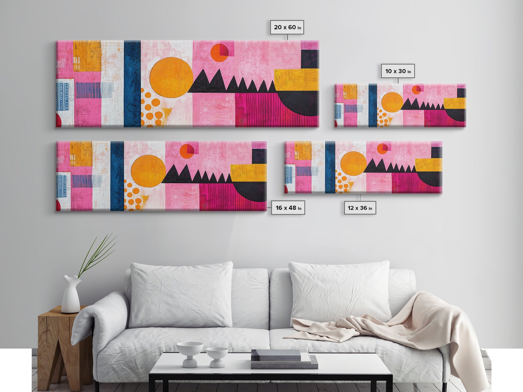 Modern Abstract Canvas Print Pink Orange Wall Art Geometric Whimsical Design Minimalist Art Above Sofa Extra Wide Unique Decor