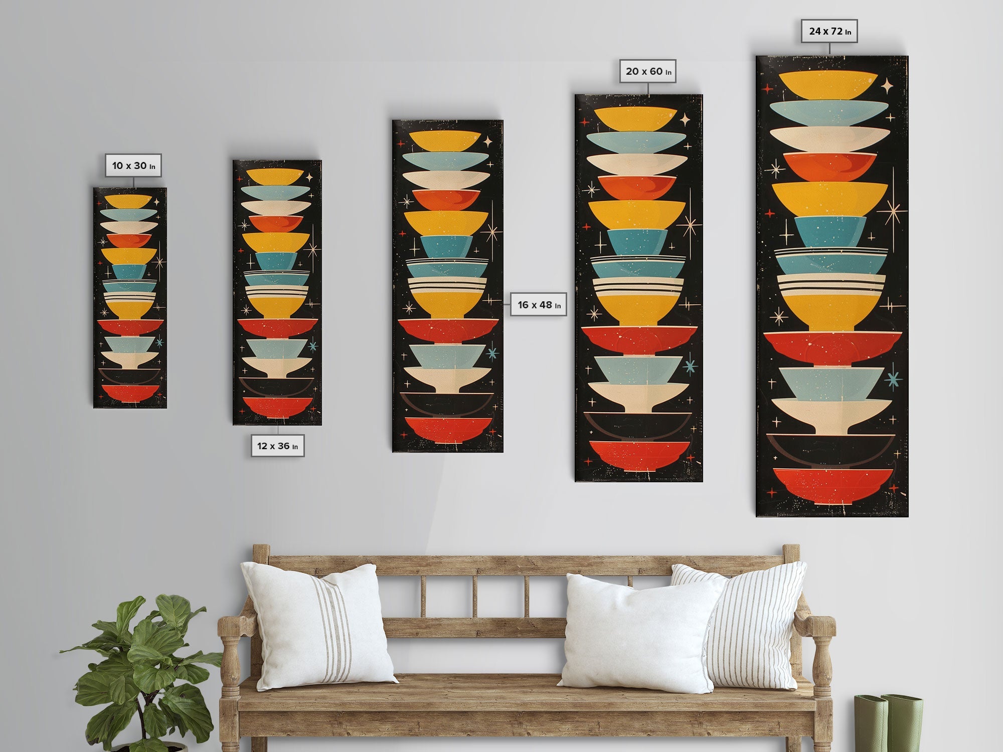 Retro Stacked Bowls Art in Midcentury Style - Framed Canvas Print, Skinny Tall Art for Living Room or Bedroom Decor