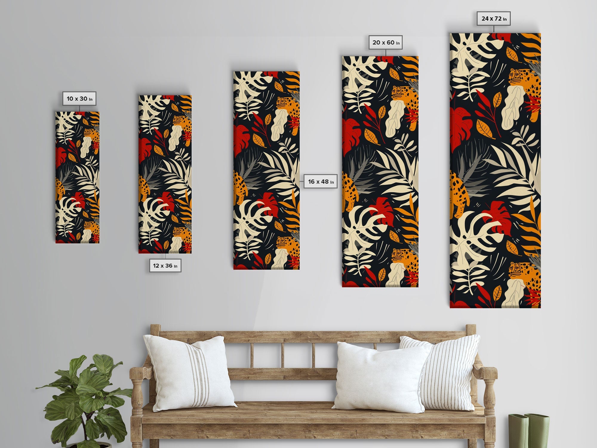 Jungle Foliage and Leopard Design on Black Background - Framed Canvas Print, Midcentury Modern Art, Skinny Art, Tall Art, Living Room Wall Decor, Boho Art