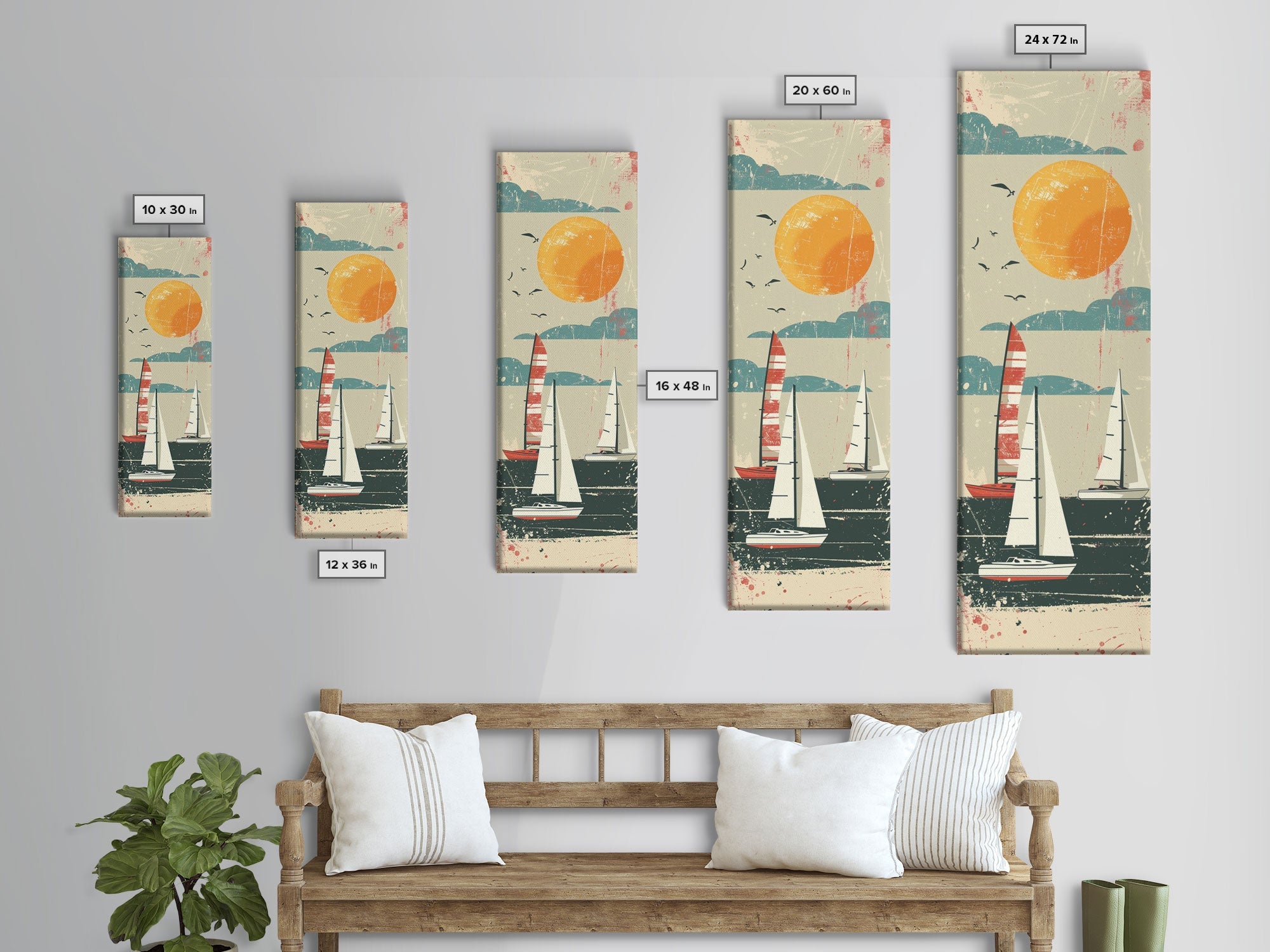 Sailboats Under the Sun, Retro Japanese Art Style Framed Canvas Print, Tall Skinny Art with a Vintage Touch
