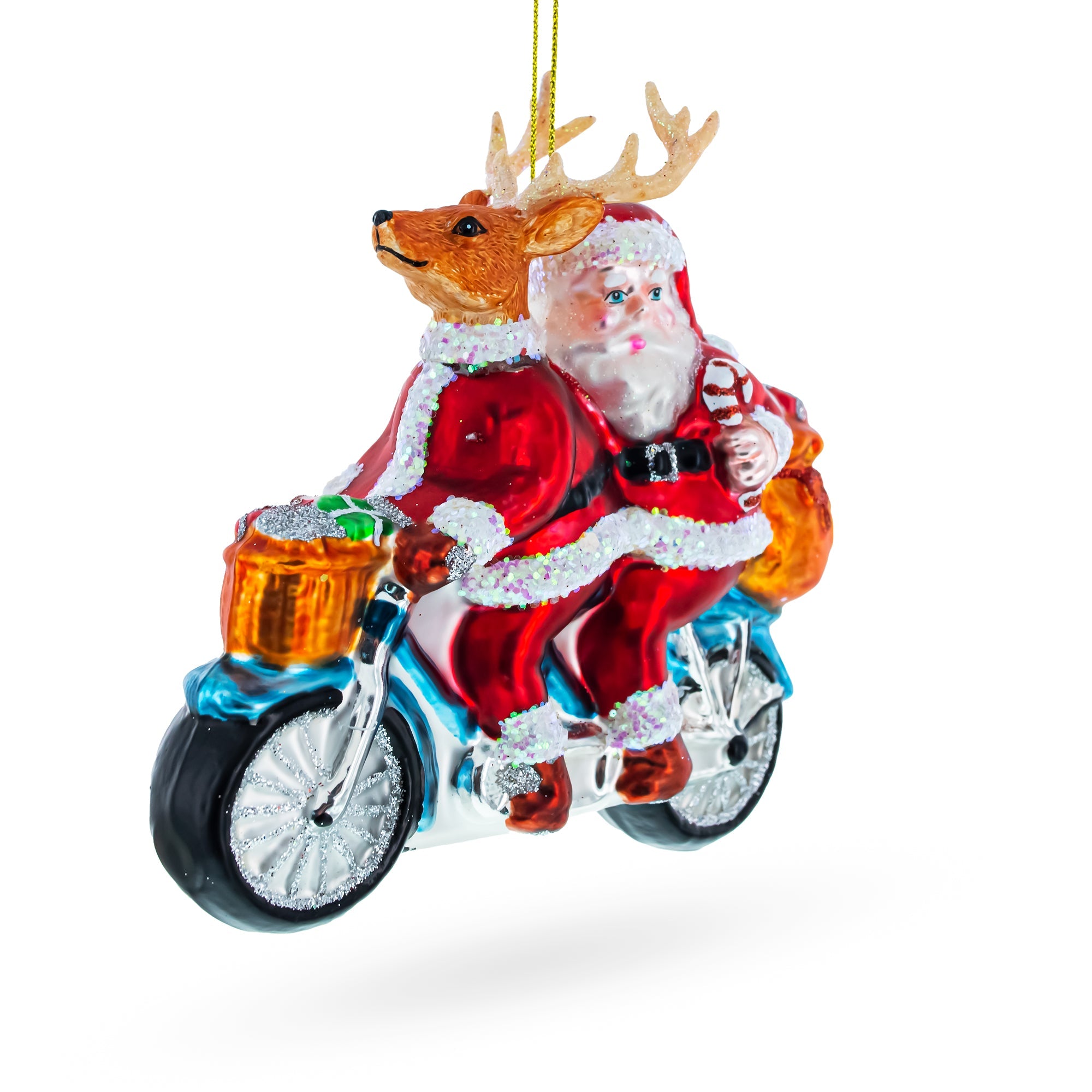 Santa and Reindeer Riding a Tandem Bike Glass Christmas Ornament