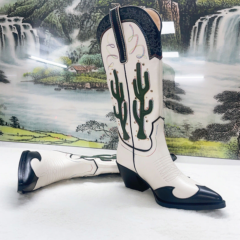 Western Cowboy Mid Calf Women Boots Chunky High Heels Cactus Vintage Cowgirl Long Boots Retro Shoes Woman