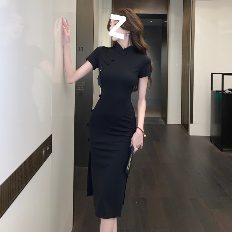 Vintage Button Modified Cheongsam Dress Women's High-Grade Black Dress Waist-Cinching Slit Pencil Skirt