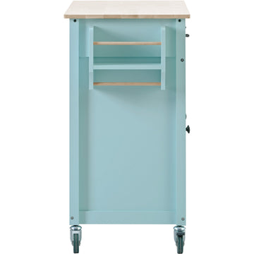 Kitchen Island Cart with 4 Door Cabinet and Two Drawers and 2 Locking Wheels - Solid Wood Top (Mint Green)