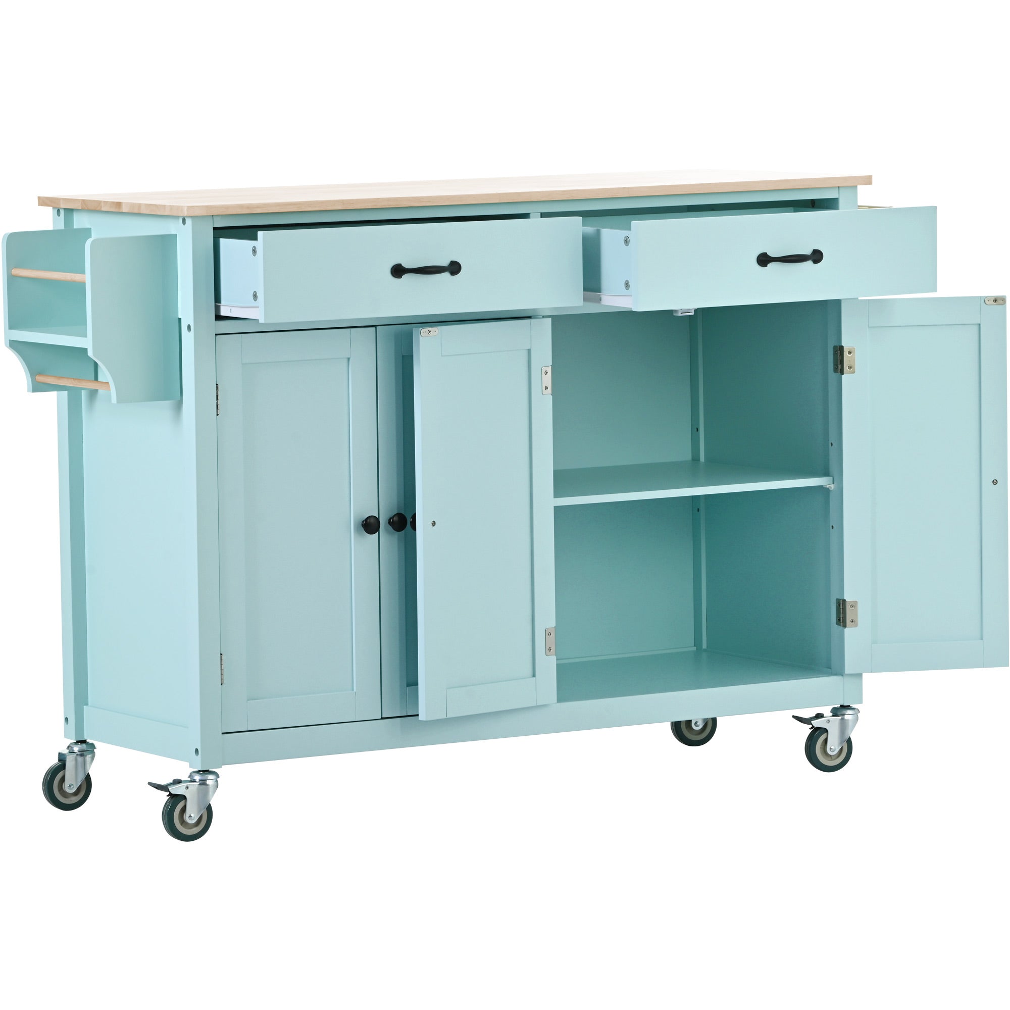 Kitchen Island Cart with 4 Door Cabinet and Two Drawers and 2 Locking Wheels - Solid Wood Top (Mint Green)