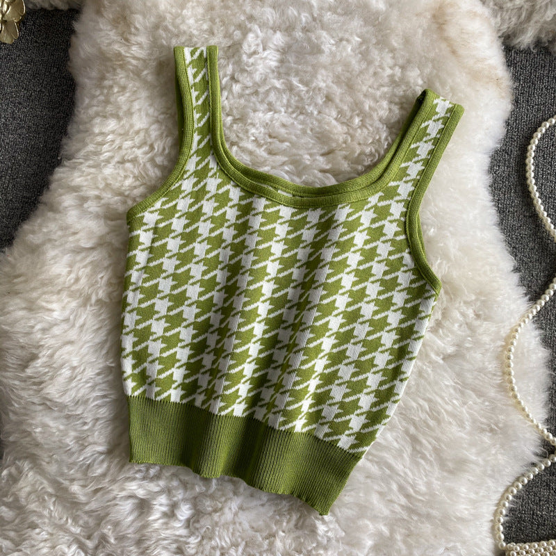 Plaid Knitted Camisole Summer New Retro Slim Fit Stretchy Slim Short Crop Top Women's Clothing