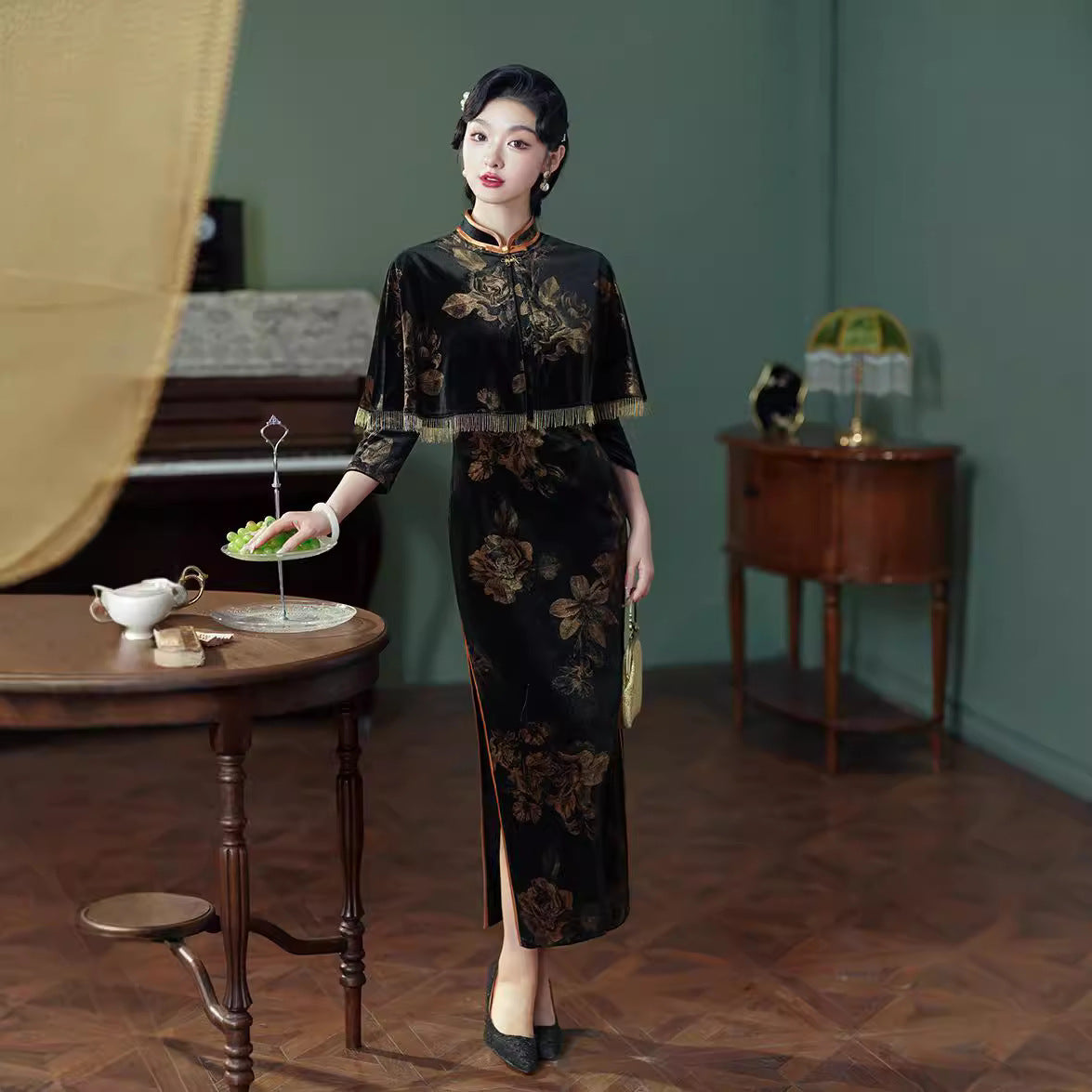 Autumn And Winter New Velvet Cheongsam Retro The Republic Of China Style Two-piece Set