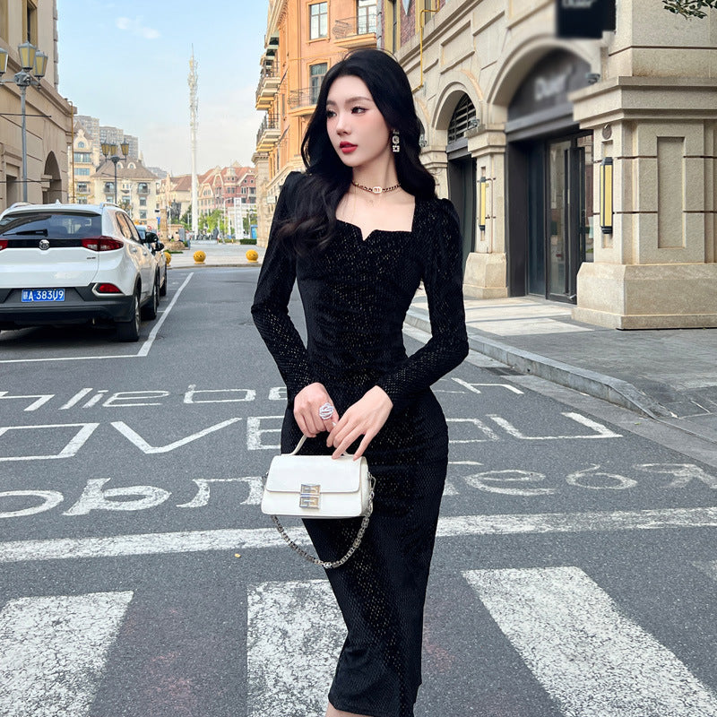 Long Sleeve Velvet Dress Waist Slimming Square Collar Black Skirt