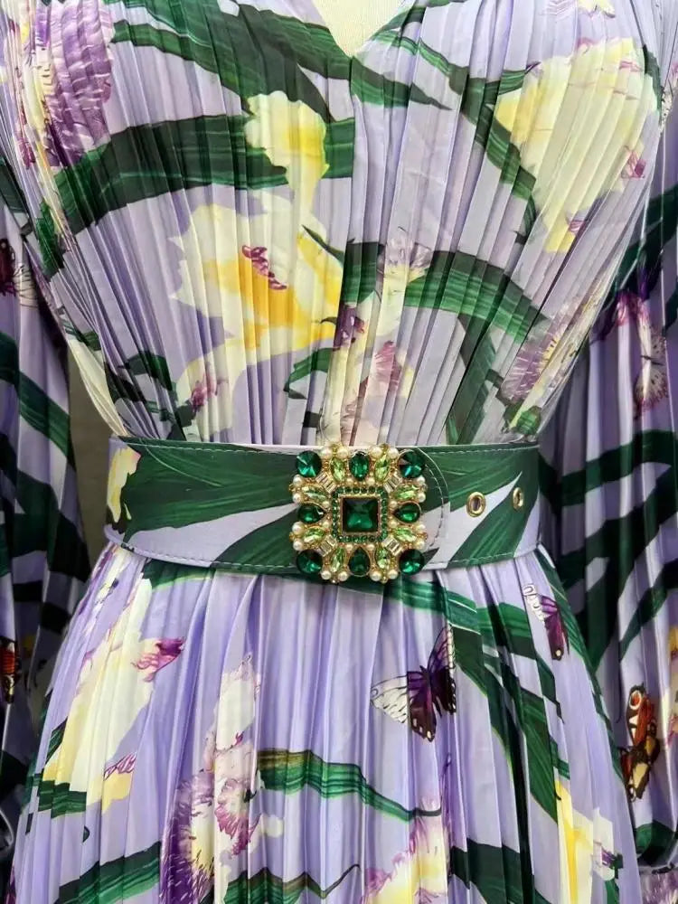 Vintage V Neck Full Sleeve High Waist Belt Large Hem Printed Long Pleated Dresses New Arrival