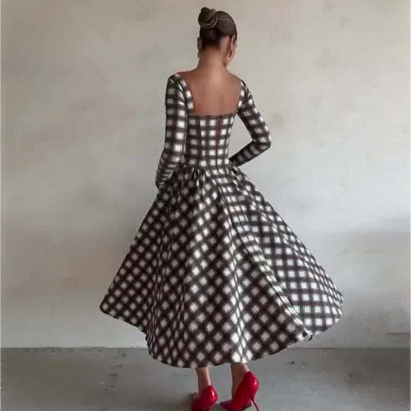 U-shaped collar checkered long sleeved slim fit belt retro dress for women