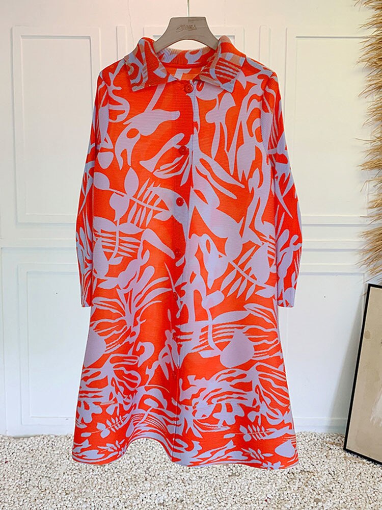 Vintage Pleated Print Irregular Dress Women Lapel Loose Single Breasted Spring Summer New Elegant Fashion Tide