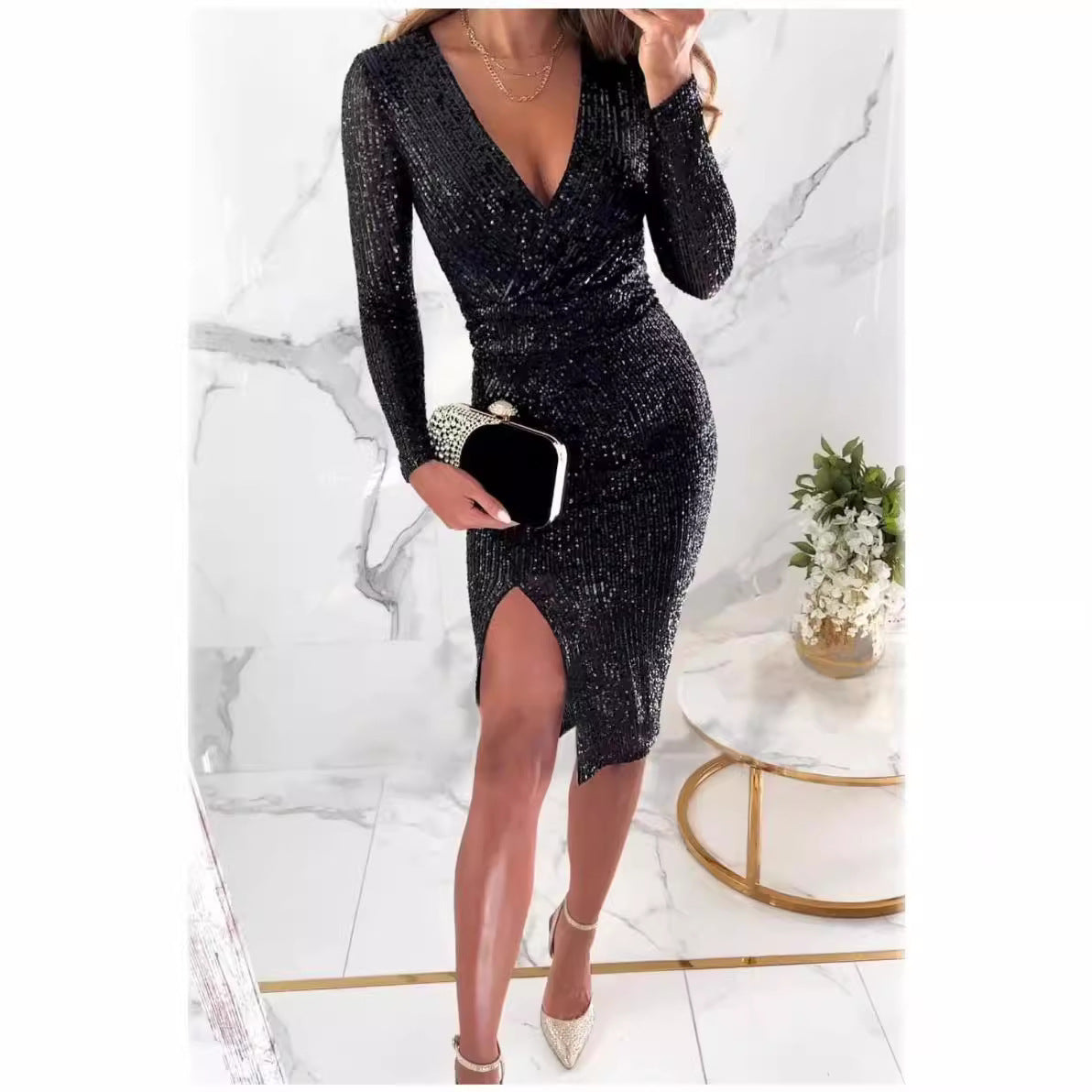 Autumn And Winter New Sequins Split Long Sleeve Dress