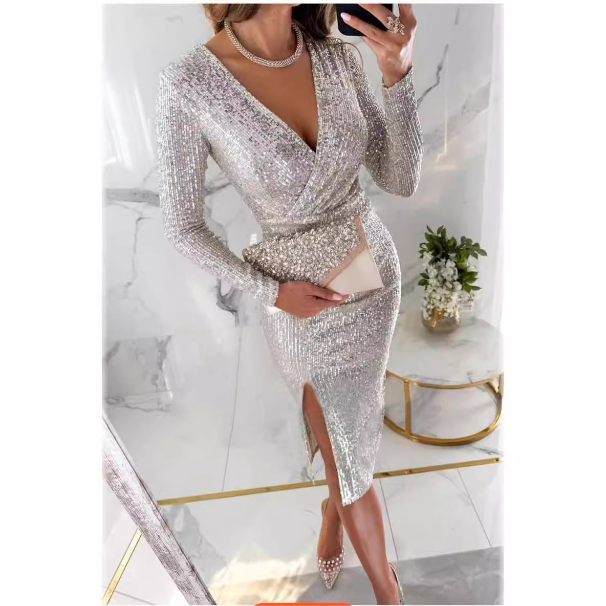 Autumn And Winter New Sequins Split Long Sleeve Dress
