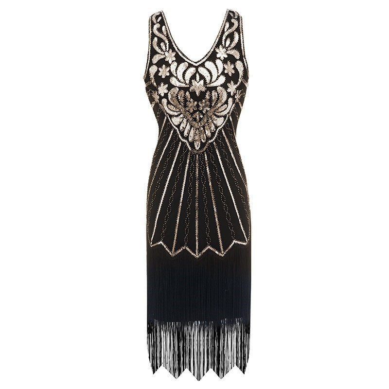 1920s Retro V-Neck Sequin Gatsby Luxury Sequin Fringe Dress Party Ball Cocktail Dress