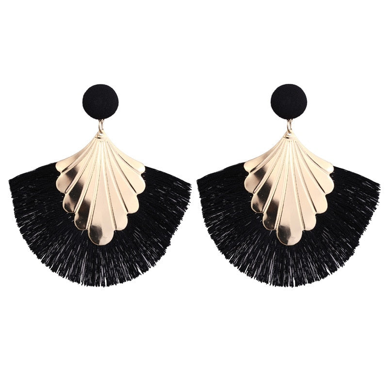 Bohemia Fan Shaped Tassel Earrings For Women Exaggerated Big Statement Fringed Earrings Vintage Dangle Drop Earrings