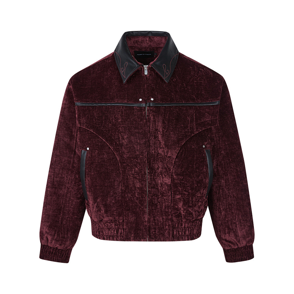 Velvet Chenille Blended Jacket with Textured Design Vintage Lapel Zipper Leather Splicing Outerwear for Men and Women