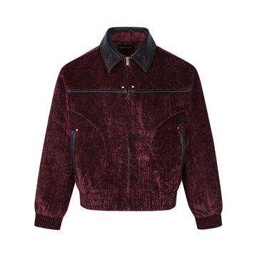 Velvet Chenille Blended Jacket with Textured Design Vintage Lapel Zipper Leather Splicing Outerwear for Men and Women