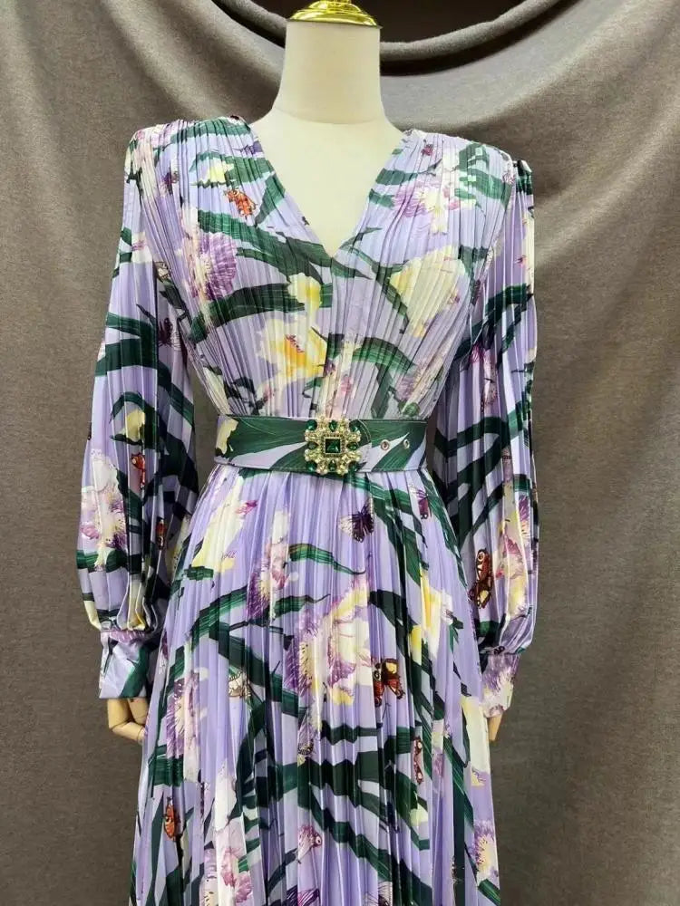 Vintage V Neck Full Sleeve High Waist Belt Large Hem Printed Long Pleated Dresses New Arrival