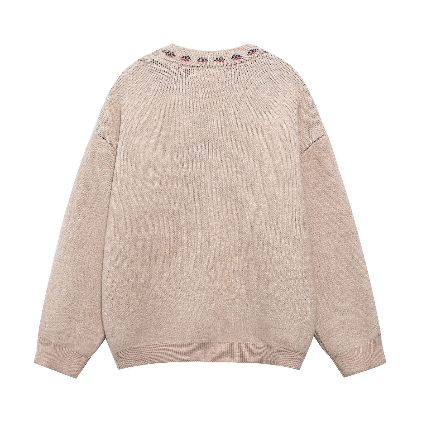 Casual Knit Cardigan with Cartoon Jacquard Pattern, Unisex Retro Style Sweater for Men and Women