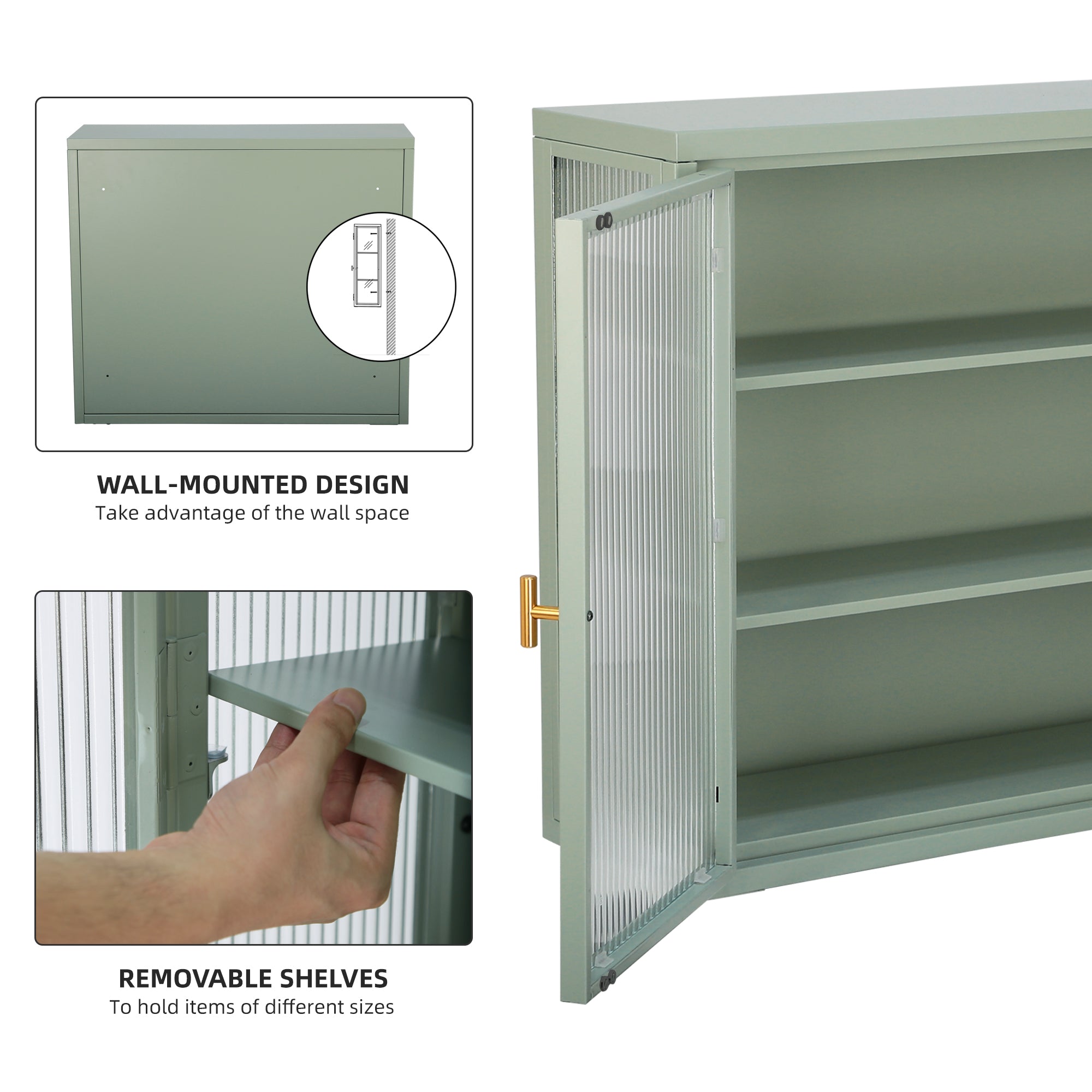 Retro Style Haze Double Glass Door Wall Cabinet With Detachable Shelves for Office Dining Room Living Room Kitchen