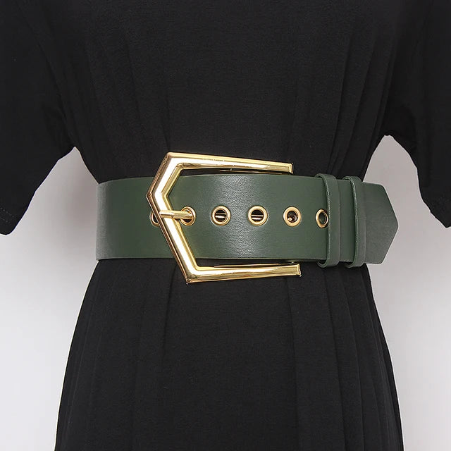 New Genuine Leather Belt Female Vintage Metal Buckle Wide Leather Waistband Women Designer Brand Belt Lady