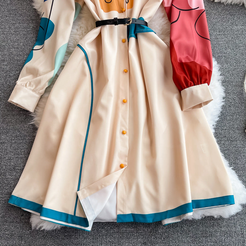 Autumn New Style Retro Temperament Mid-Length High Waisted Slim Printed Lapel Single Breasted Dress