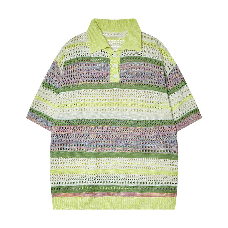 Retro Striped Gradient Floral Summer Hollow-out Shirt Unisex Couple Ins Versatile Loose Casual Top