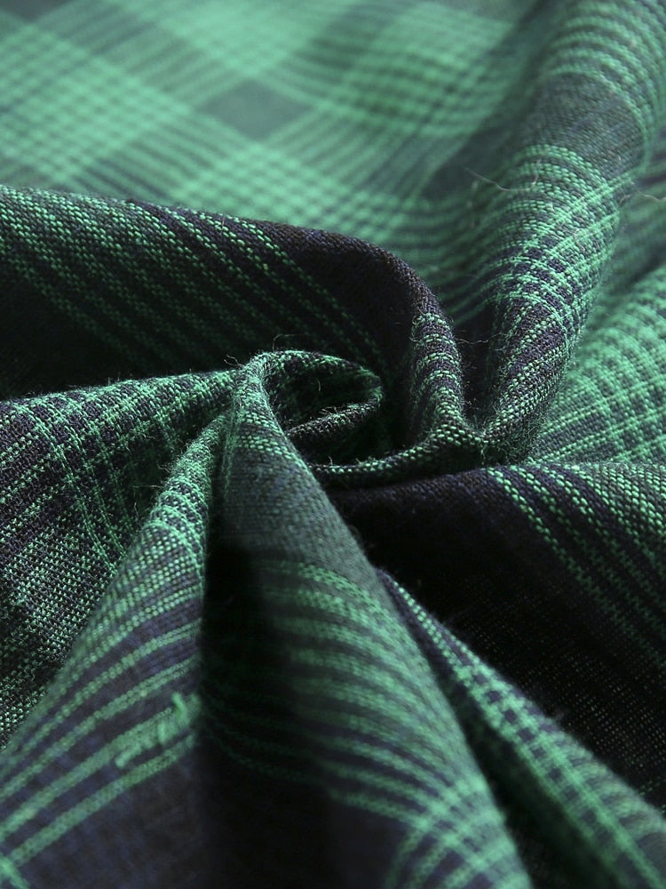 Tonval Green Plaid Elegant 1950s Style Vintage Robe V Neck High Waist Dress 3/4 Length Sleeve Women Retro Clothes Midi Dresses