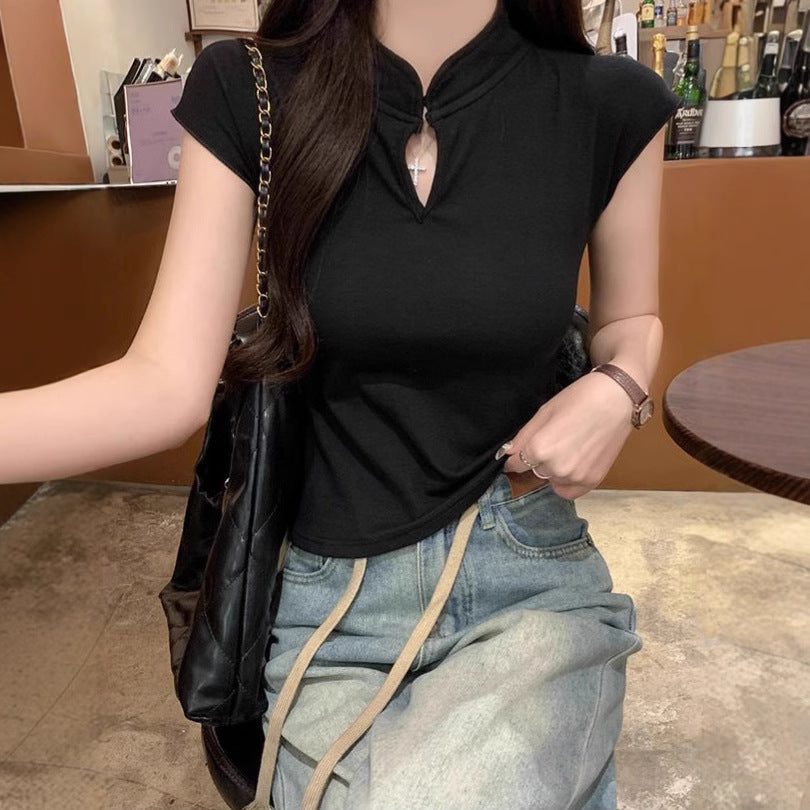 Style Traditional Button Half-Sleeve T-Shirt Women's Retro Slimming Short Fit Versatile Top