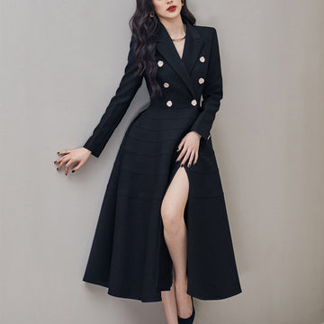 Women's Black Long Sleeve Rhinestone Buttons Split Waist Fitted Slimming Large Hem Dress
