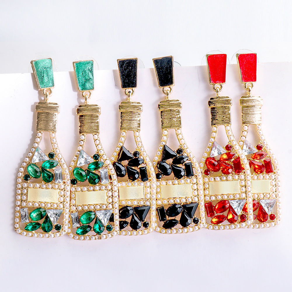 Vintage Champagne Bottle Full Of Diamond Pearl Earrings Personalized Women's Jewelry