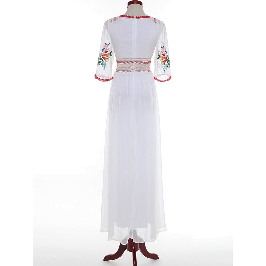 Newest Fashion  Designer Maxi Dress Women's Half Sleeve Retro Embroidery Party Cotton Long Dress