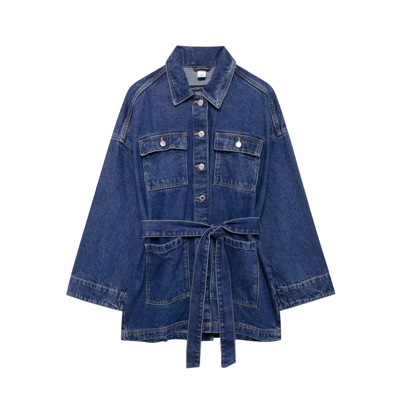 Women's Fashion Casual Retro Versatile Belted Waist Turn-down Collar Denim Jacket