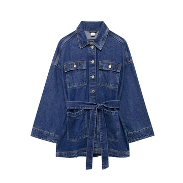 Women's Fashion Casual Retro Versatile Belted Waist Turn-down Collar Denim Jacket