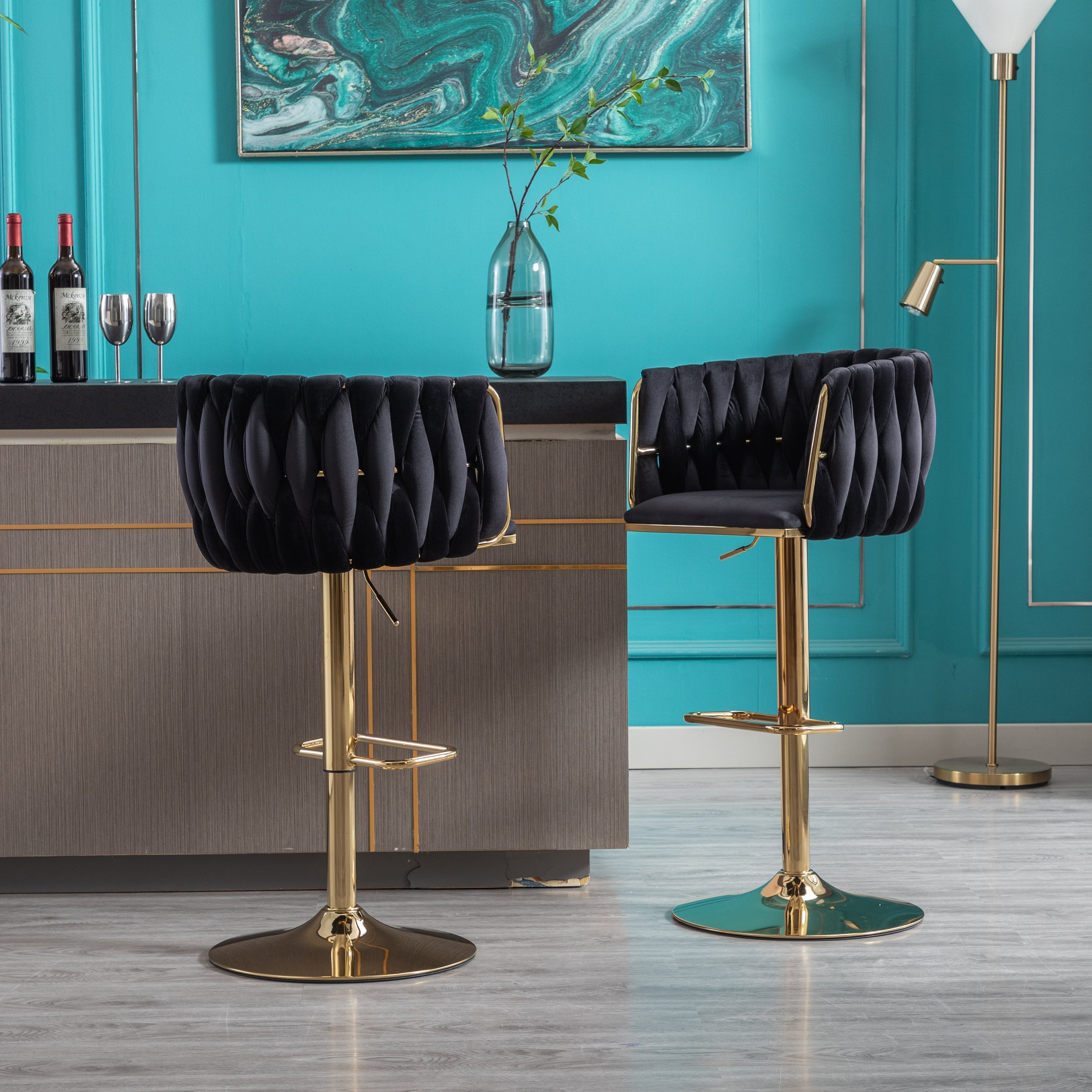 Set of 2 Bar Stools with Chrome Footrest and Base Swivel Height  Velvet + Golden Leg Simple Bar Stool-Black